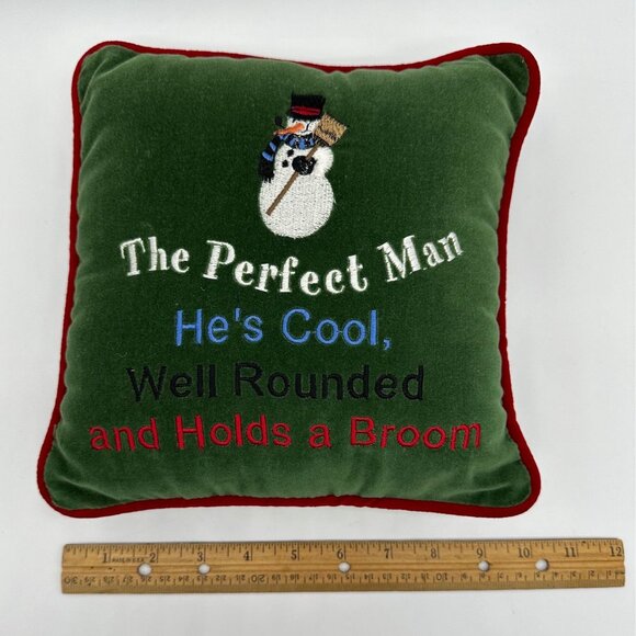 Green Velvet Pillow Snowman Embroidery The Perfect Man Christmas Throw Cushion - Picture 7 of 9
